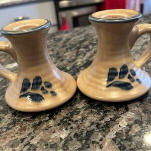 Pfaltzgraff Folk Art Ceramic Candle Holders with Blue Floral Print, Set of 2